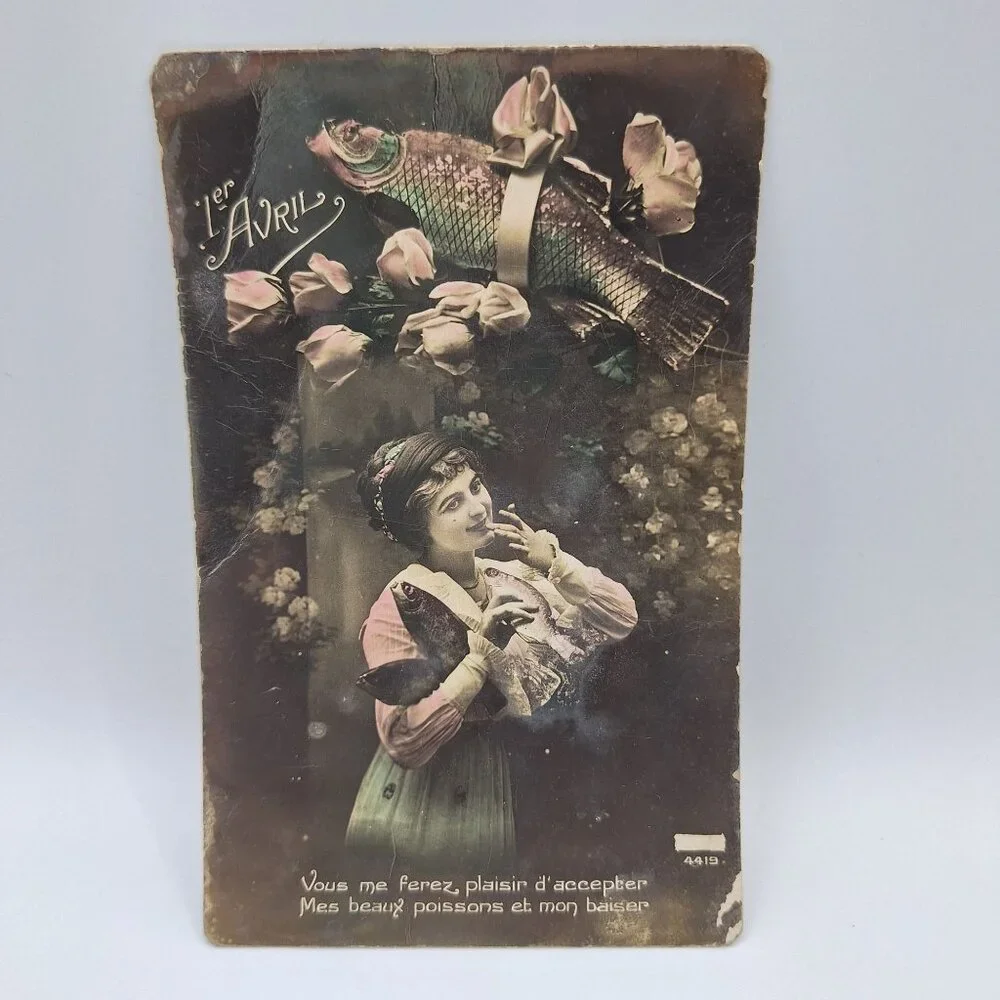 Antique French Postcard 1er Avril Humor Romantic Designed Printed In France 1919